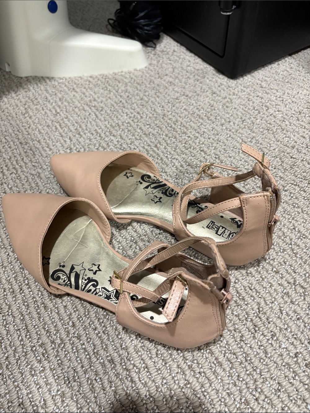 Brash Pointed-Toe Ankle Strap Flats in Nude Pink